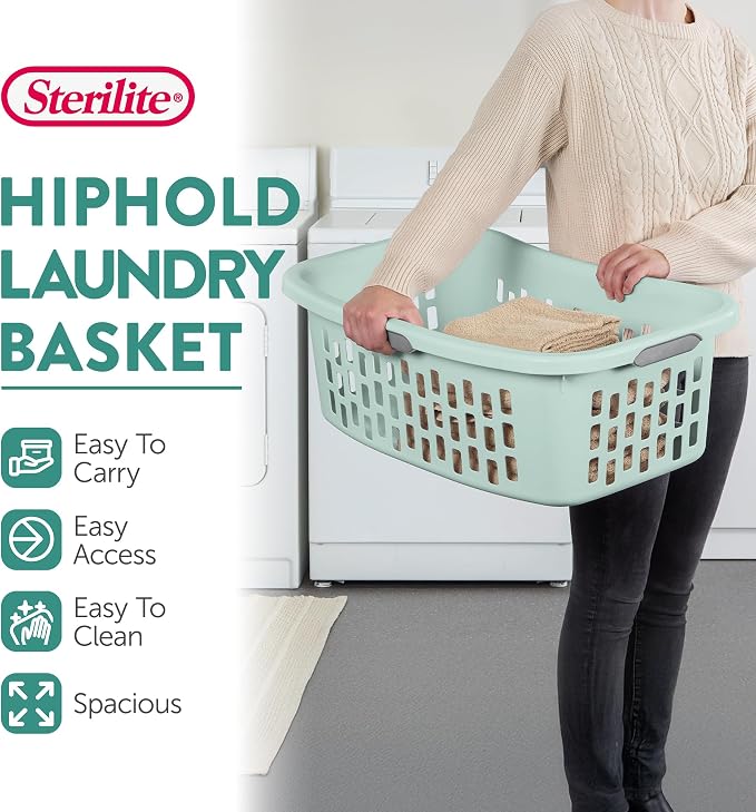 Sterilite 12 Pack HipHold Laundry Basket, Plastic Rectangle Clothes Hamper with Comfort Grip Handles & Reinforced Rim, 1.5 Bushel Capacity, Mint - Image 3