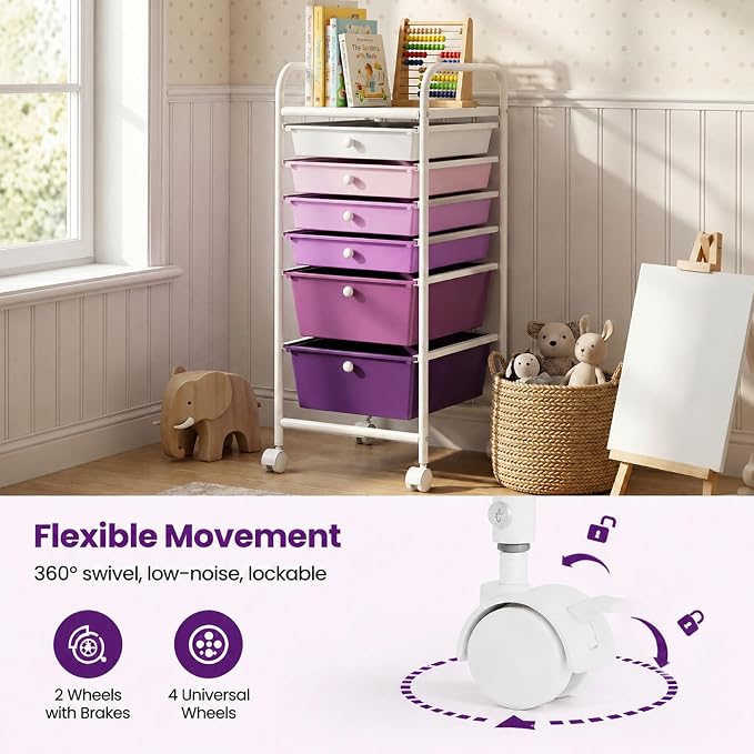 GOFLAME 6-Drawer Rolling Storage Cart, Multifunctional Art Craft Organizer Cart, Mobile Utility Storage Cart with Removable Drawers & Lockable Wheels, Craft Cart for Home Office, Purple Gradient - Image 5