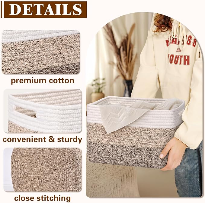 Storage Baskets for Organizing, 4 Pack Baskets for Shelves, Decorative Storage Bins for Shelves, Cotton Rope Storage Basket with Handles, Woven Basket for Storage, 13''Lx8.7''Wx7.9''H, Gradient Brown - Image 5