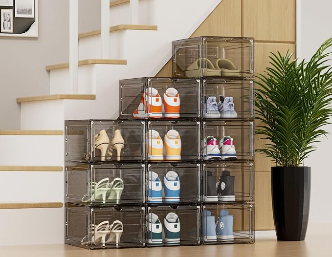 HOMIDEC Shoe Storage, 8 Pack Shoe Organizer Clear Hard Plastic Shoe Box | Shoe Boxes Clear Plastic Stackable, Shoe Storage Box with Lids for Size 13, Clear Smoke - Image 2