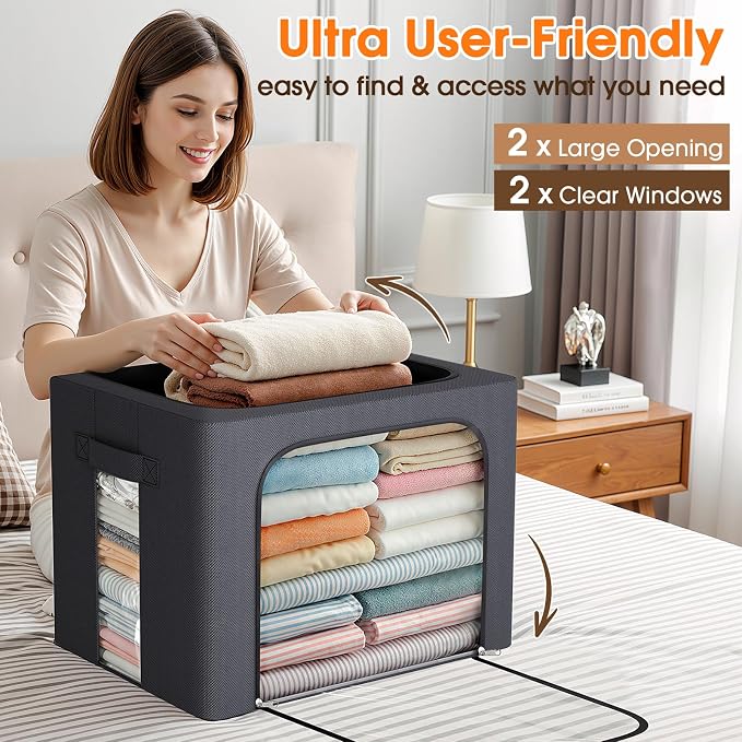 8 Pack Clothes Storage Bins with Metal Frame,Stackable Organizer Bins with Handles for Closet & Bedroom(Light Grey) - Image 6