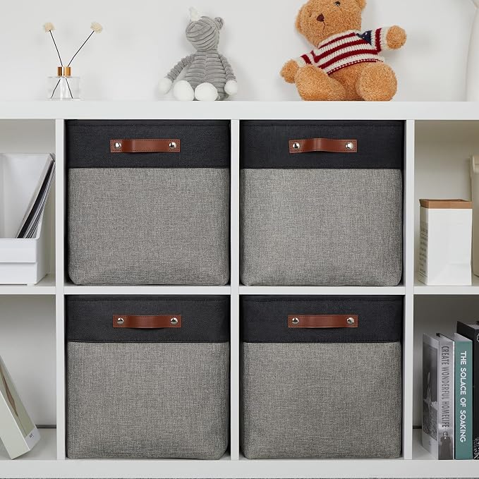 DULLEMELO Storage Bins for Organizing,Closet Storage Baskets for Gift Empty,Large Linen Canvas Storage Bins with Handles for Home Office Toys Shelves(Black&Grey, 13 inch Cube) - Image 7