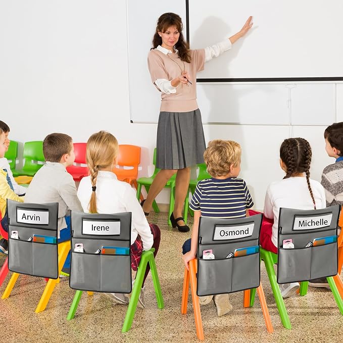 Chairback Buddy Pocket Chart Back of Chair Organizer for Classroom with Name Tag Pocket (GREY-12 PACK) - Image 3