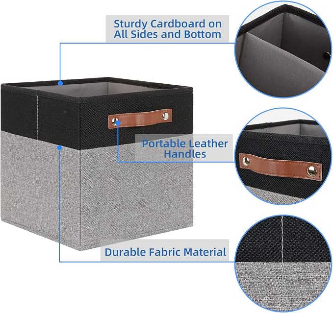 Temary 11 x 11 Cube Storage Bins Fabric Storage Cubes for Shelf, Closet, 4 Pack Cube Basket for Clothes, Storage Cube Bins with Leather Handles(Black&Grey) - Image 3