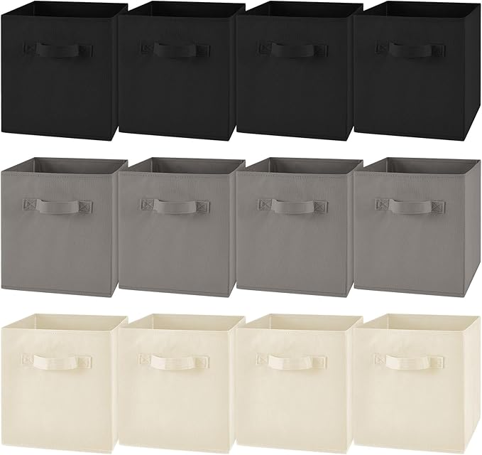 Yinder 12 Pcs Cube Storage Bin Grey 10.5''x10.5''x11'' Black Beige Storage Bins for Playroom Decor Colorful Bins for Kids Foldable Baskets for Nursery Organizer Boxes Fabric Boxes by Yinder
