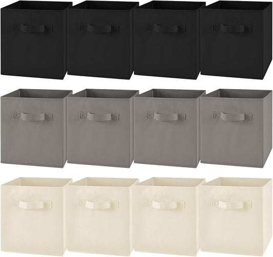 Yinder 12 Pcs Cube Storage Bin Grey 10.5''x10.5''x11'' Black Beige Storage Bins for Playroom Decor Colorful Bins for Kids Foldable Baskets for Nursery Organizer Boxes Fabric Boxes by Yinder