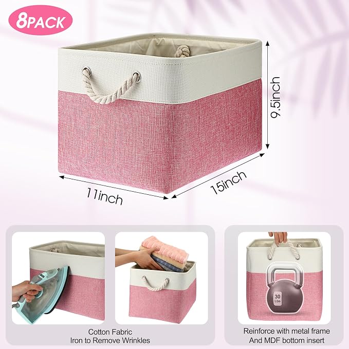 meekoo 8 Pack Collapsible Storage Bins Fabric Storage Bins Polyester Fabric Baskets with Handles Linen Closet Organizer for Shelf Home Closet Towels Toys(15 x 11 x 9.5 in,Pink White) - Image 3