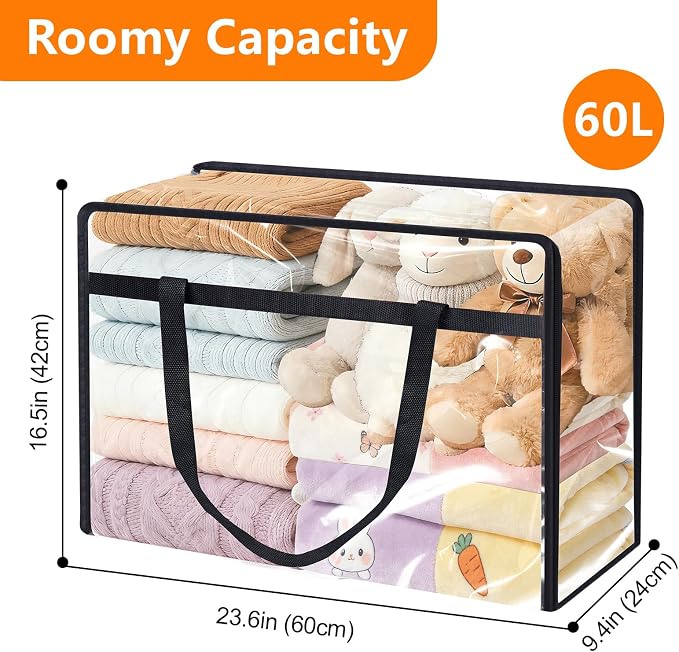 2 Pack Clear Clothes Storage Bags, 60LVinyl Blanket Storage Containers with Heavy Duty Zipper, Foldable Moving Bags, Closet Organizers for Bedding, Clothing, Comforters, Linens, Duvet - Image 4