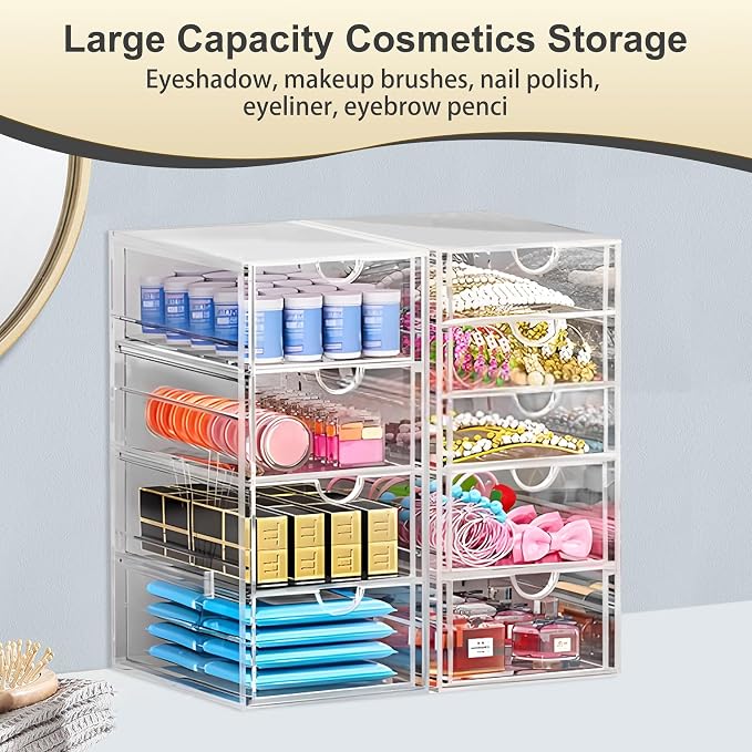 Acrylic Drawer Organizer with 10 Drawers, 2 Set Craft Organizers and Storage, Clear Storage Drawers, Desk Drawer Organizer for Vanity, Office Supplies, Jewelry, Pen - Image 3