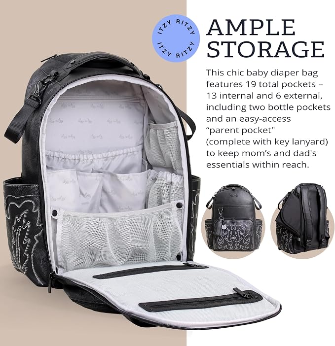 Itzy Ritzy Boss Plus Diaper Bag Backpack with 19 Pockets (Outlaw Black) | Large Diaper Bag Backpack Includes 2 Insulated Bottle Pockets, Changing Pad, Stroller Clips, Padded Straps, Travel-Ready - Image 6