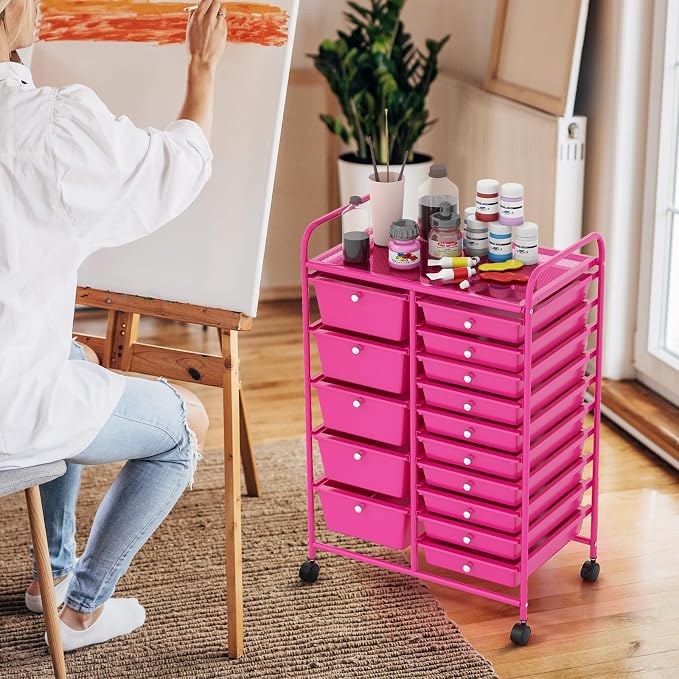 COSTWAY 15 Drawer Rolling Storage Cart, Mobile Storage Organizer | Removable Drawers & Metal Frame, Multipurpose Utility Tools Paper Organizer on Wheels for Home, Office (Hot Pink) - Image 2