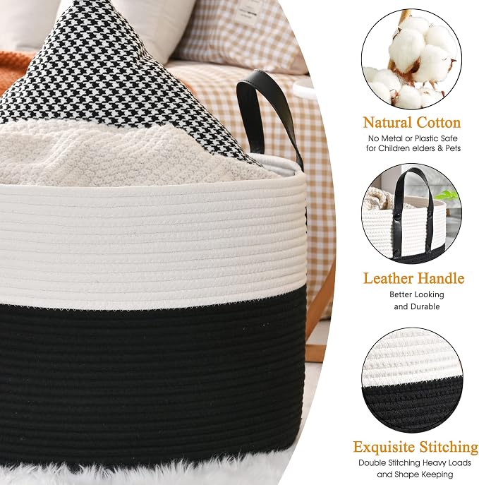 KAKAMAY Large Blanket Basket (20"x13"),Woven Baskets for storage Baby Laundry Hamper, Cotton Rope Blanket Basket for Living Room, Laundry, Nursery, Pillows, Baby Toy chest (White/Black) | Extra Large Capacity | Natural Cotton Rope | Blanket Storage | W... - Image 4