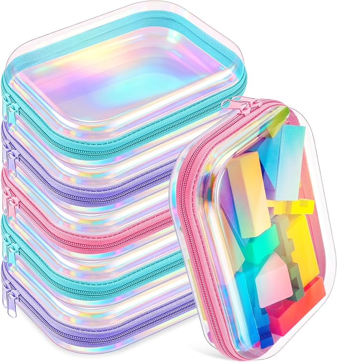 Sanwuta 6 Clear Hard Zipper Case,Holographic,7.87 X 5.9 X 2 Inch | Pencil Case Pouches ,Makeup Bag,Plastic Toiletry Diaper Bag ,Travel Toy Storage,Waterproof Organizer Bins by Sanwuta
