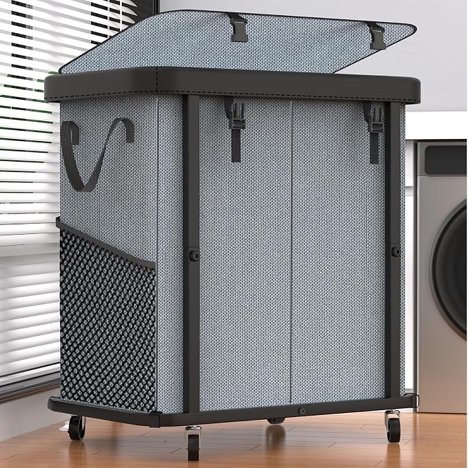 Laundry Basket with Wheels,190L (50 Gal) Laundry Hamper 2 Setion - Gray | Leather Patchwork,Sturdy Metal Frame, Removable Washable Bag, Tall Clothes Sorter for Bedroom by Unlockyourhomestoragelife