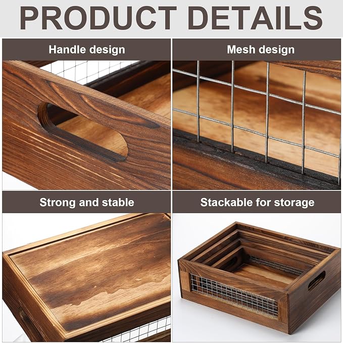 FillTouch 4 Pcs Wooden Nesting Countertop Baskets 4 Size Wooden Storage Box with Handle and Metal Wire Multipurpose Wood Organizer Crate for Fruit Vegetable Kitchen Cabinet Bathroom(Walnut,Small) - Image 3
