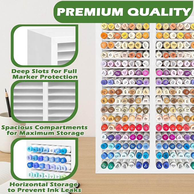 PROLEE Marker Organizer for 224 Markers, Wooden Alcohol Marker Holder with 32 Compartments, Horizontal Art Pen and Pencil Storage Rack for Desk, Classroom and Studio, White - Image 4