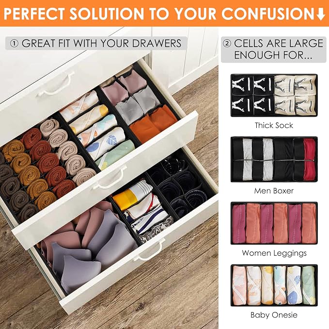 12 Pack Drawer Organizers, 116 Compartments Fabric Foldable Dresser Drawer Organizers for Clothing, Closet Organizers and Storage Bins for Clothes, Christmas Ornament Storage Boxes with Dividers - Image 3