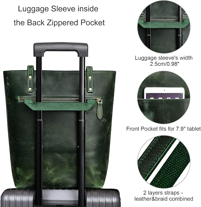 S-ZONE Leather Tote Bag for Women Work Handbag with Luggage Sleeve | Top Grain Genuine Leather, Padded Laptop Compartment, Multi Pockets, Large Retro Purse, Travel Everyday - Image 3