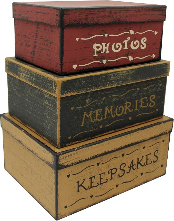 Primitive Vintage Rectangular Photos, Memories, Keepsakes Cardboard Nesting Boxes, Large 12 X 9 X 5-1/2 Inch. Set of 3. by CVHOMEDECO