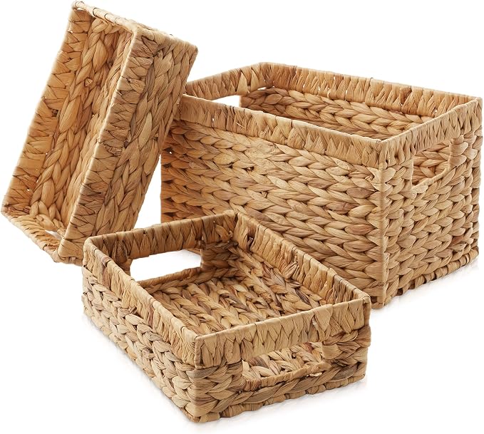 Casafield Set of 3 Water Hyacinth Storage Baskets with Handles - 1-Medium, 2-Small Woven Organizers for Bathroom, Laundry, Pantry, Office, Shelves - Image 2