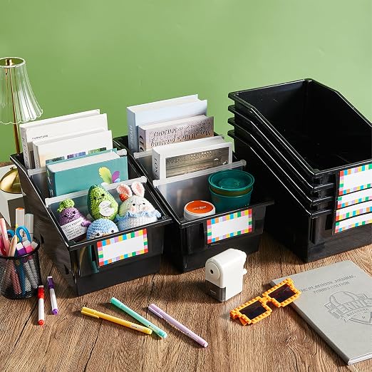 6 Pack Picture Book Bins with Dividers Plastic Book Holders with Labels Stackable Classroom Organization Bins Magazine File Binder Holder Storage Container for Classroom Library Home Office(Black) - Image 4