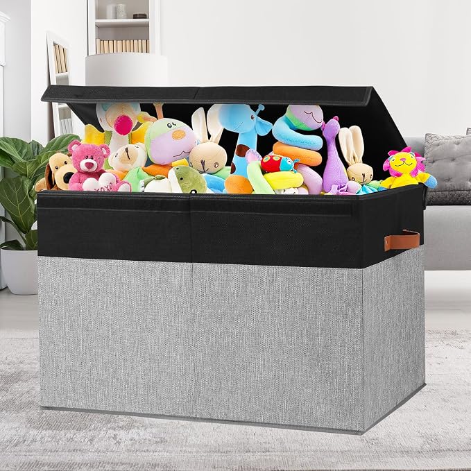 Large Toy Storage Box with Lid, Toy Chest Bin Boxes Basket with Dividers | Sturdy Toy Organizer Bin for Kids, Boys, Girls, Nursery, Living Room, Bedroom, Playroom 25"x13" x16" (Black and Grey) - Image 5