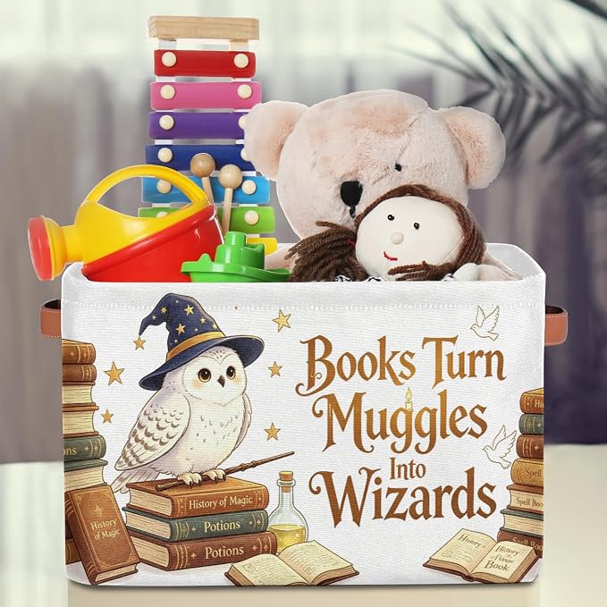 Magic Nursery Decor Baby Basket Large Blue Hat Wand Basket Owl Kid Gift Collapsible Book Shelf Clothes Rectangle Toy Bin 15"x11"x9.5" Set of 2 - Image 2