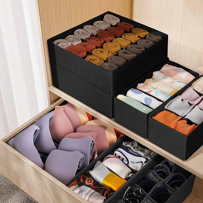 6 Pack Sock Underwear Drawer Organizer Dividers, 58 Cell Foldable Fabric Dresser Closet Organizers and Storage Bins for Clothing, Baby Clothes, Bra, Panty, Scarf, Ties (Black) - Image 6