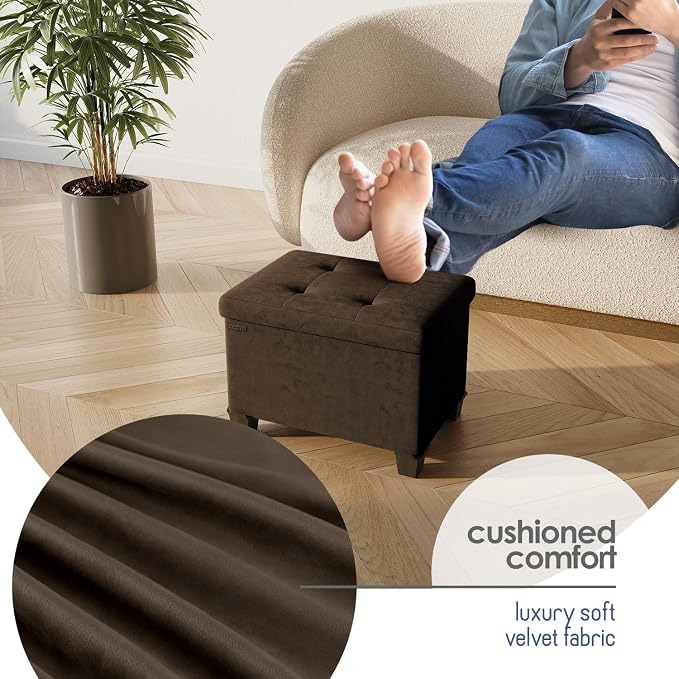 Storage Ottoman Cube with Small Bin, 16-in Square Ottoman with Storage for Living Room and Bedroom, Small Ottomans Foot Rest, Velvet Foot Stools Ottomans Max 330lbs, Brown - Image 7