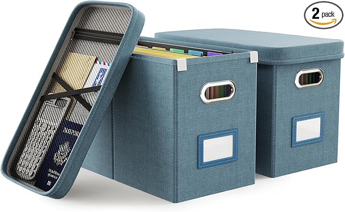File Organizer with Lid, Hanging Filing Box with Mesh Pocket, Document Organizer for Letter Files, Portable Storage Box with Smooth Sliding Rail for Office&Home (2 PCS, Dark-blue) by Oterri