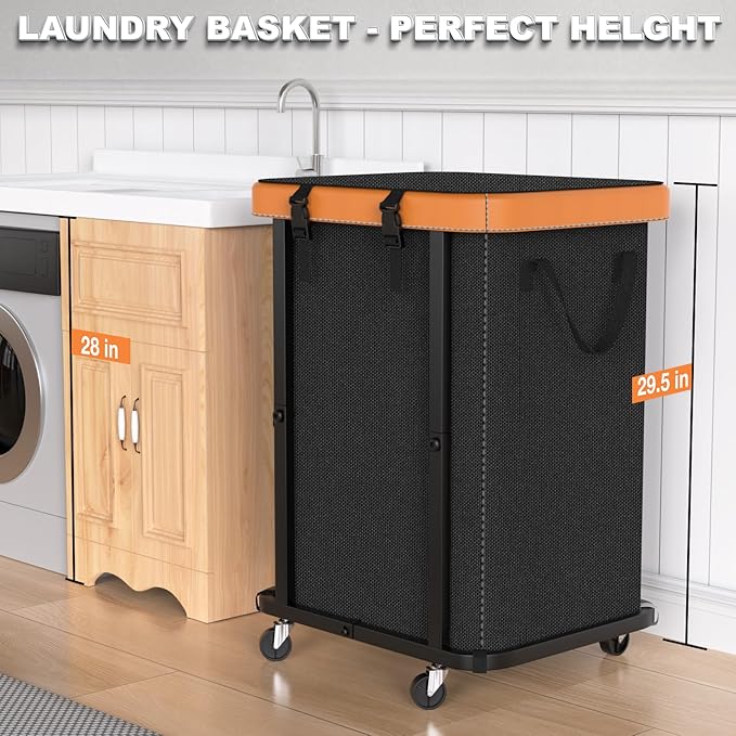 Laundry Hamper with Wheels,150L Leather Patchwork Clothes Hamper Black | Rolling Laundry Basket with Sturdy Metal Frame, Removable Washable Bag,Tall Clothes Sorter for Bedroom, Laundry Room, Dorm - Image 4
