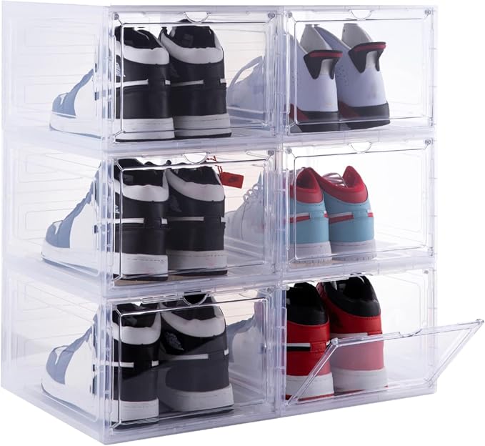 ZLLZUU Shoe Shoe Storage Boxes, 6 Pack Stackable Shoes Organizer Clear | Clear Drop Front, Dustproof Visible Magnetic Door, Stackable, Fits Up to Men's Size 12 High-Top Sneakers, Easy to Assemble - Image 2