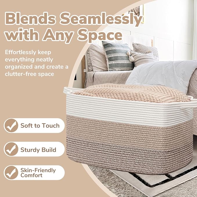 Goodpick Large Woven Blanket Basket 23.6" x 15.7" x 13.8" Cotton Rope Storage Organizer for Dirty Clothes Pillows, Soft Toy Storage Basket for Nursery Home Decor, White & Light Brown - Image 5
