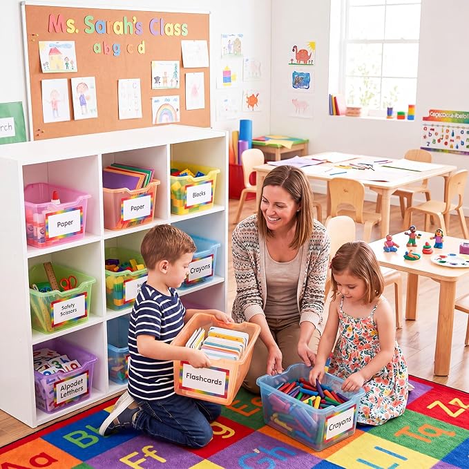 Funrous 72 Pack Plastic Cubby Bins for Classroom, Stackable Storage Bins with Rainbow Labels and Handles Cubby Organizer Containers for Teacher Supplies Home Office Daycare and Playroom (Pastel) - Image 4
