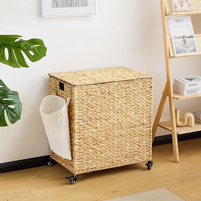Laundry Hamper with Wheels, 40.92 Gallon(155L) Water Hyacinth Laundry Basket with Lid, 2-Section Wicker Clothes Hamper with 2 Removable Liners, Laundry Sorter with Side Pocket, Natural - Image 5