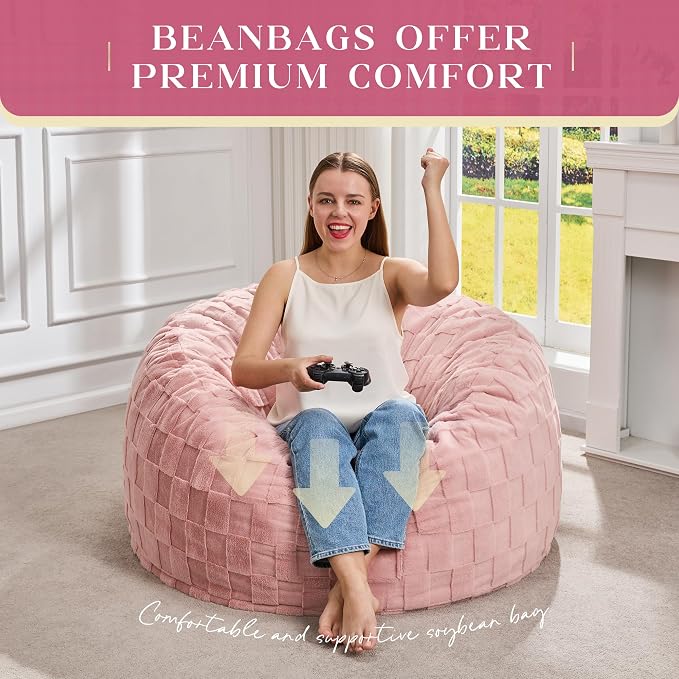 Hobestluk Large Bean Bag Chairs 3FT Big Adults BeanBag Chairs Plaid Cover | Memory Foam,Washable Cover,Unique Fluffy Plaid,Comfy Adults Bean Bag with Filler Gaming Reading Bedroom Dorm Room | Pink 3FT - Image 6