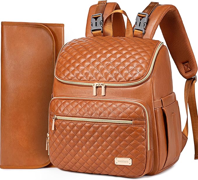 Diaper Bag Backpack Leather Baby Diaper Bag with Changing Pad Travel Diaper Backpack,Baby Bag for Mom,Stroller Straps,5 Insulated Pockets (Brown Leather) by Weitars
