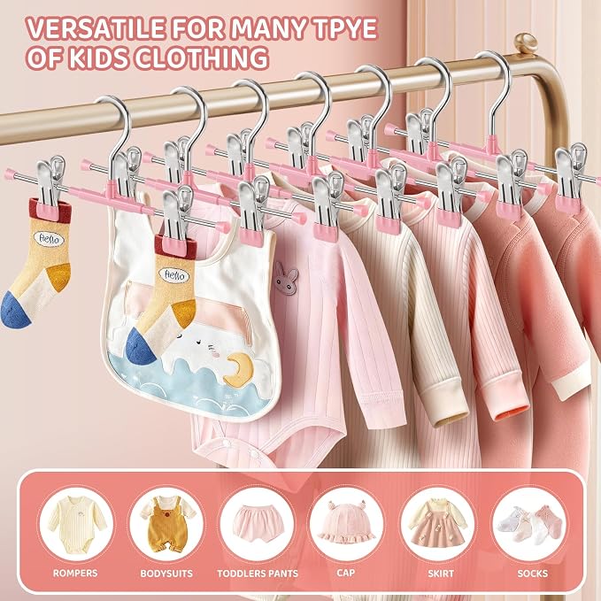 HUADYMEET 10 Inch Kids Pants Skirt Hangers with Clips,Toddlers,Pink,30 Pack | Space Saving,Adjustable,Non Slip,Metal Hanger for Closet Organization Jeans Shorts,For Baby,Toddler,Children - Image 4