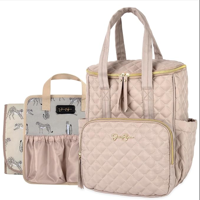 Jessica Simpson Quilted Diaper Bag Backpack with Insulated Pockets, Portable Changing Pad, Stroller Straps, Organizer Insert 3 Pc. Set (Khaki) - Image 7