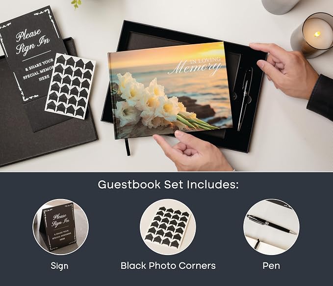 Ocean Hardcover Funeral Guest Book - 9.5 x 7 Celebration of Life Guestbook for Memorial Service with 5x7 Paper Sign, Pen, Black Photo Corner Stickers - Image 3