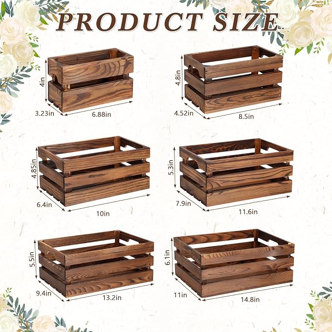 CroBlissful 6 Pcs Decorative Wood Crates for Storage Display Rustic Nesting Crates with Handle Farmhouse Wooden Storage Container Boxes for Wedding Baby Shower Birthday Party(Vintage Brown) - Image 2