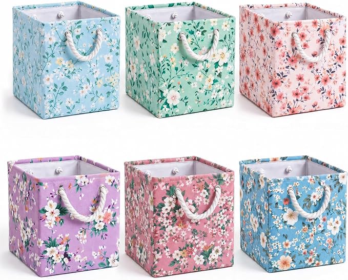 6 Pack Boho Floral Storage Bins 6 Pack, 11 Inch Cube Fabric Storage Baskets | Foldable Fabric Cube Baskets with Reinforced Handles, Floral Laundry Nursery Hamper, for Shelves, Closets, Room Organization by Geiserailie