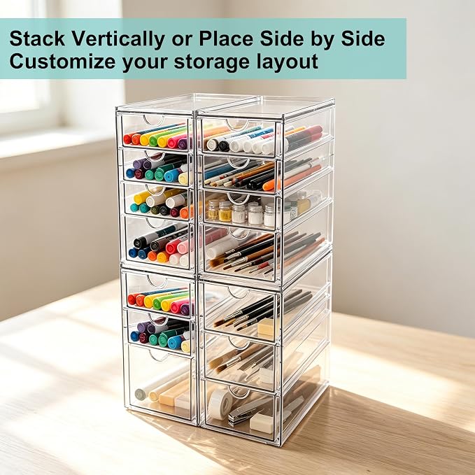 Prsildan Acrylic Desk Organizers with 14 Drawers, Stackable Makeup Storage | Anti-slip Clear Storage Bins, Vanity Organizer for Craft Bead Crayon Nail, Bathroom Kitchen Office Organization, 4 Pack - Image 5