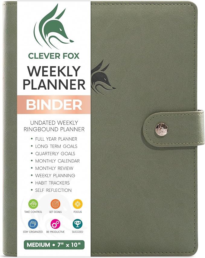 Clever Fox Weekly Planner Binder, Undated Daily A5 Eco Leather Cypress | 7 x 10 in with A5 pages, mini 3 ring portfolio organizer, work time manager, day runner, agenda book with monthly calendars by CleverFox