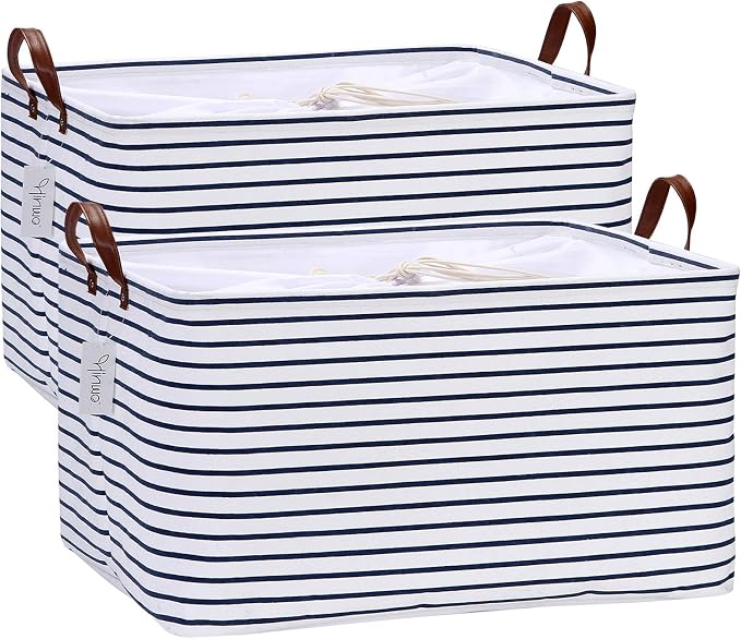 Hinwo 70L Extra Large Canvas Storage Bin with Lid and Handles, 2-Pack | Collapsible Fabric Baskets, Closet Shelf Organizers, Containers for Clothing, Blankets, Toys, Bedding (Blue Stripe) by Hinwo