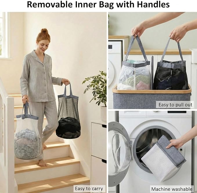 efluky Laundry Hamper with Lid, Double Laundry Basket with 2 Removable Bags, 2 Section Laundry Bin with Bamboo Handles for Bathroom, Bedroom & Laundry Room, 140L (36.9 Gallon) Blue Grey - Image 4