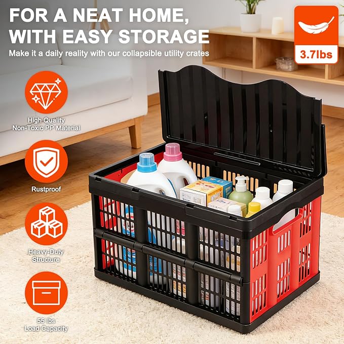45L Collapsible Storage Bins with Lids, | 3 Packs Heavy Duty Foldable Storage Crates with Handles, 55 lbs Capacity, Storage Bins for Camping, Grocery & Outdoor - Image 4
