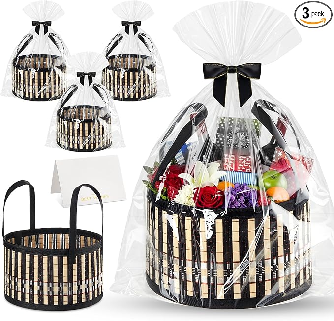 Weysat 3 Set Baskets for Gifts Empty Bulk, Large Woven Bamboo Gift Basket Kit with Handles, Bow, Wrap Bag to Fill for Raffle Thanksgiving Day Wedding Birthdays Party Wrapping (Black) by Weysat