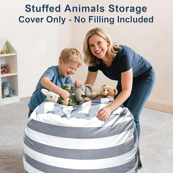 Lukeight Stuffed Animal Storage Bean Bag Chair Cover for Kids, Velvet Plush Toy Organizer Seat, Cover Only, No Filling Included, Long YKK Zipper, Side Pocket, Large 27"D x 16"H - Image 4