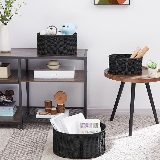 Wicker Basket, Set of 3 Round Storage Baskets for Organizing, Woven Paper Rope Wicker Storage Basket with Handles, Black Cube Storage Organizer Bins Baskets for Shelves & Decor, Black - Image 5